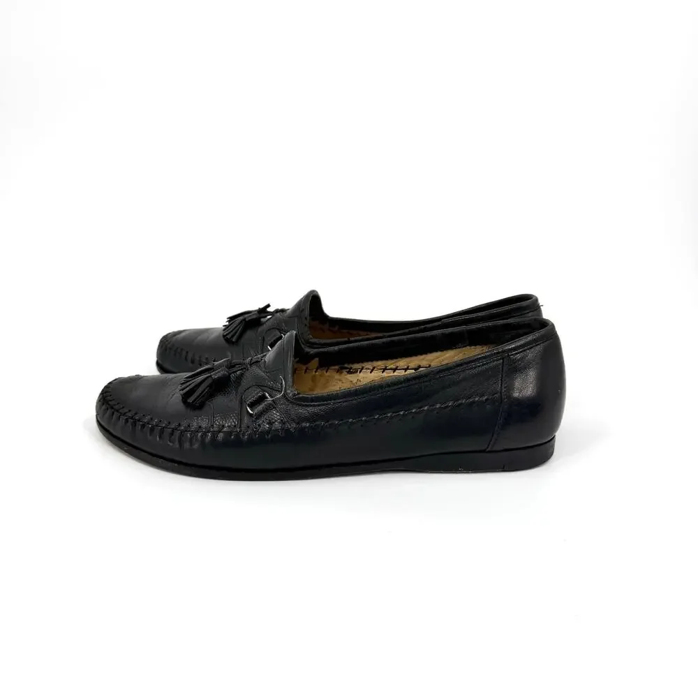 Vintage 90s Santoni Black Genuine Leather Snake Embossed Tassel Loafers